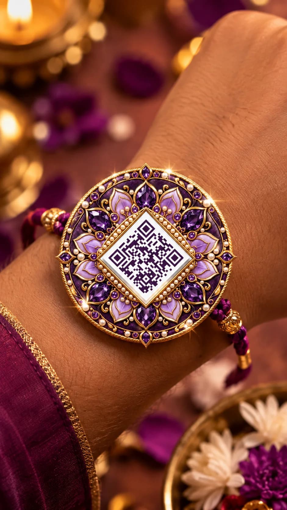 3D-style concept preview of the Amethyst Grace digital QR rakhi design
